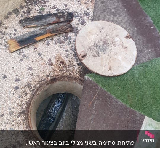 פתח ביוב פתוח עם מכסה מונח בצד